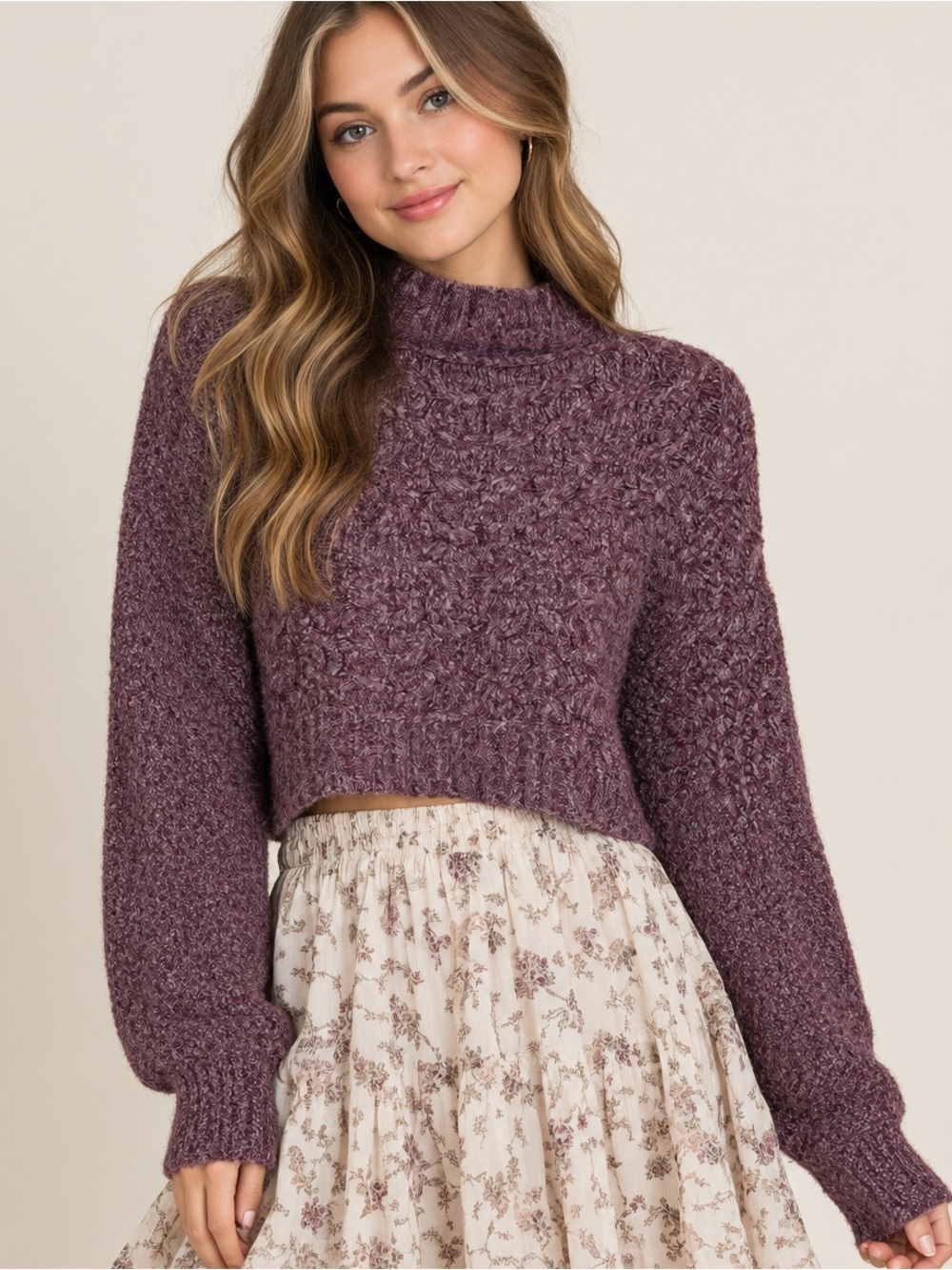 Free People Cropped Knit Pullover Sweater in Plum